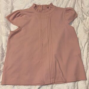 Ann Taylor Blush Pink Ruffle Mock Neck Pleated Short Sleeve Top